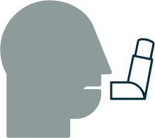 Graphic of person's head with an inhaler in front of the mouth head and inhaler